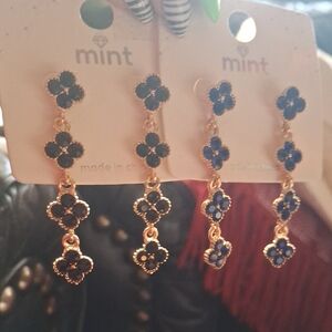 Mint Gold and Dark Blue Floral Earrings